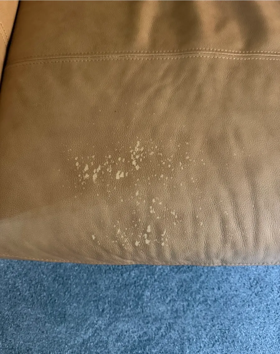 Tan leather seat with the surface finish flaking off in patches